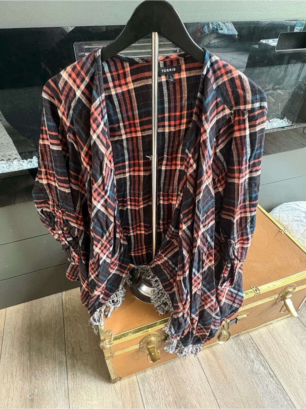 torrid Plaid Open Cardigan in Black, Red & Blue